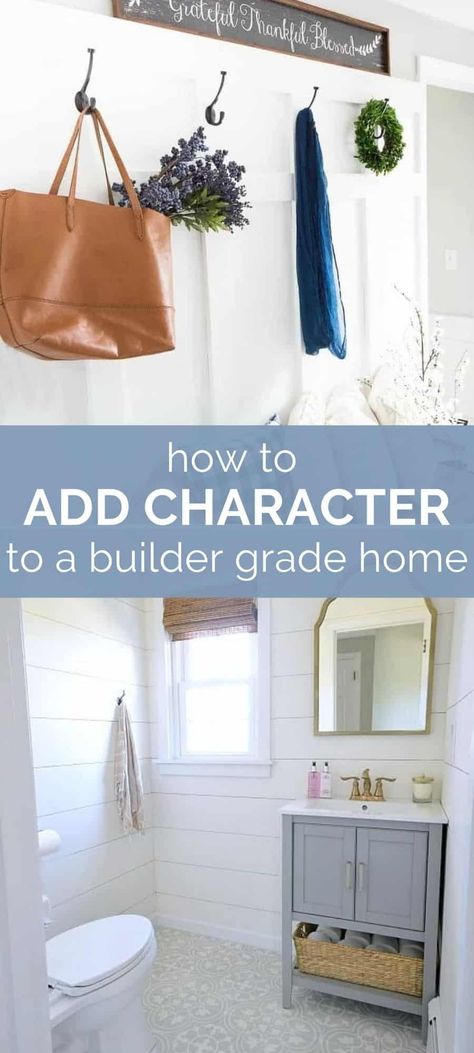 How to add character to a builder grade home and instantly create a home filled with charm that you'll love forever. By adding architectural interest you can add so much value and beauty to even the most boring cookie cutter track home! House Upgrades Ideas, New House Upgrades, Track Home Bathroom Remodel, How To Make A Track Home Look Custom, Builder Upgrades You Should Do, Builder Grade Updates Living Rooms, Adding Architectural Interest Interiors, How To Decorate A New Build House, Decorating Builder Grade Home