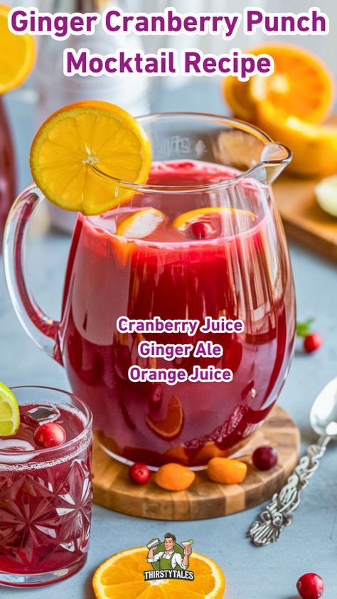 "Celebrate the season with this refreshing Ginger Cranberry Punch mocktail recipe! Perfect for holiday gatherings, this festive beverage combines the zesty flavor of ginger with the tartness of cranberry. Ideal for anyone seeking non-alcoholic cocktails, this easy punch recipe will delight your guests and elevate your holiday drinks. Discover how to make this delicious Ginger Cranberry Punch and impress everyone with your mixology skills! Perfect for any celebration!" Easy Party Punch Non Alcoholic, Cranberry Punch Recipes Non Alcoholic, Non Alcoholic Drinks Holiday, Easy Punch Recipe, Christmas Mocktail Recipes, Punch Mocktail, Party Punch Alcohol, Fall Punch Recipes, Cranberry Mocktail