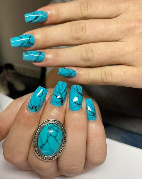 Torquise Nails Turquoise Design, Turquoise Design Nails, Turquoise Wedding Nails For Bride, Teal Colored Nails, Turquoise And Grey Nails, Turquoise Nail Design, Bright Turquoise Nails, Teal Birthday Nails, Torquise Blue Color Nails