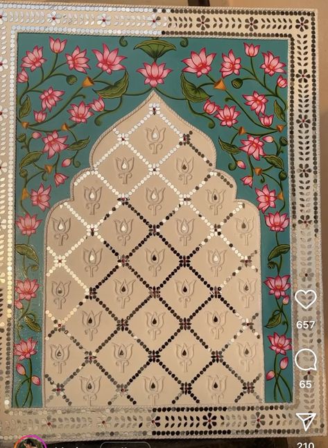 Jarokha Design Painting, Mandir Wall Art, Mandir Wall Decor, Diy Mandir Decoration Ideas, Jharoka Lippan Art, Jarokha Design Diy, Mandir Painting Ideas, Mandir Wall Painting, Jharoka Painting