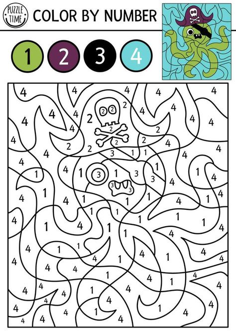 Vector pirate color by number activity with octopus in pirate hat and eye patch. Treasure island scene. Black and white counting game with cute animal. Sea adventures coloring page for kids Number Activity, Vector Texture, Counting Games, Pirate Hat, Number Activities, Adventure Of The Seas, Pirate Hats, Eye Patch, Color By Number