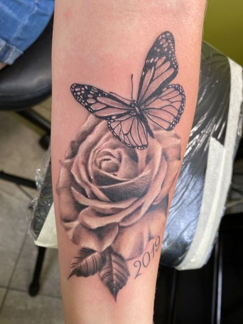 Butterfly for my sister Ashley & Rose for my mother-in-law Angie with 2019 for the year that both of them passed away. Butterfly And Roses Tattoo For Women, Flower And Butterfly Tattoos For Women, Tattoo Ideas Female Rose And Butterfly, Butterfly Tattoo In Memory Of, Rose And Butterfly Tattoo On Shoulder, Roses With Butterfly Tattoo, Butterfly Memorial Tattoo Mom, Rose Arm Tattoos For Women Forearm, Tattoo Ideas Neck Woman