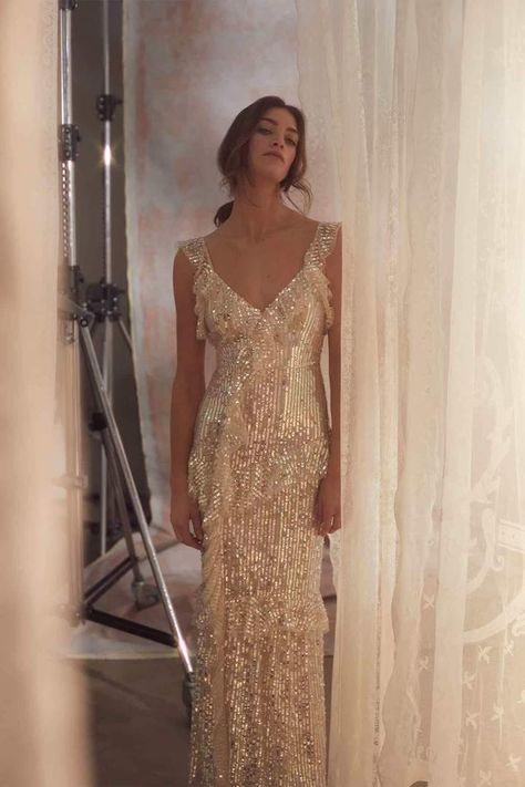 Scarlett Sequin Gown in Champagne/Gold from Needle & Thread Champagne Dress Outfit, Gold Champagne Dress, Gold Long Dress, Gold Sequin Gown, Champagne Gown, Needle And Thread Dresses, Gold Formal Dress, Long Sleeve Bridal Gown, Sequin Cami Dress