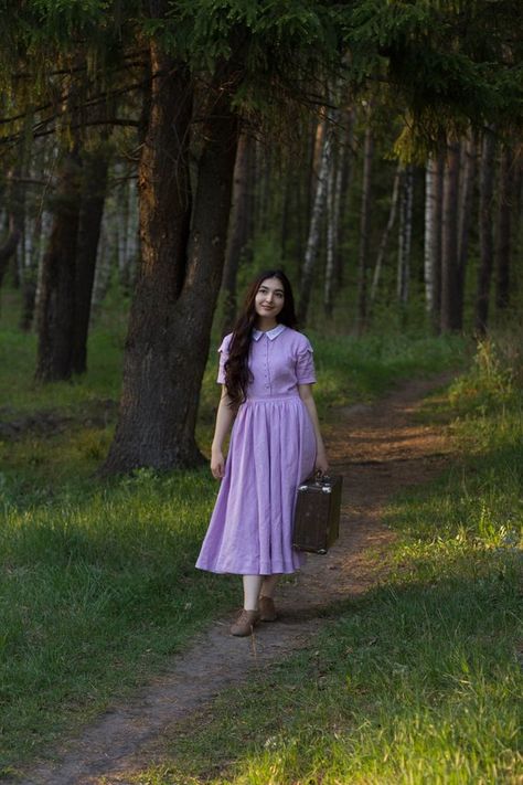 Lavender Linen Dress Victorian Dress Classic Dress | Etsy Frocks For Women, Long Skirt Top Designs, Lavender Linen, Simple Frock Design, Long Frock Designs, Long Gown Design, Casual Frocks, Simple Frocks, Retro Style Dress