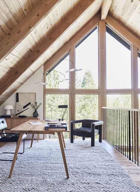 Loft Home Office, Mountain House Design, Em Henderson, Emily Henderson, A Frame Cabin, Loft House, A Frame House, Oak Dining Table, Mountain House