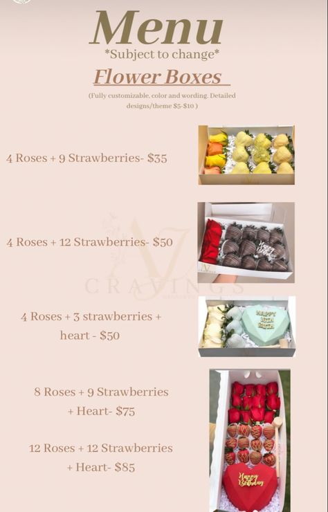 Box Of Chocolate Strawberries, Strawberry Menu Ideas, Chocolate Covered Strawberries Menu Ideas, Chocolate Covered Treat Prices, Strawberry Buisness Name, Strawberry Treat Boxes, Chocolate Covered Strawberries Pricing, Strawberry Business Name Ideas, Prices For Chocolate Covered Strawberries