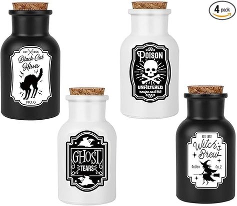 Amazon.com: Halloween Decorations for Home - Set of 4 Apothecary Potion Bottles with stickers - Scary Witch Poison Ghosts Black Cat Farmhouse Tiered Tray Decor For Home Table Party Supplies : Home & Kitchen Witch Poison, Farmhouse Tiered Tray Decor, Halloween Jars, Halloween Potion Bottles, Potion Labels, Farmhouse Tiered Tray, Spooky Home Decor, Scary Witch, Decorative Bottles