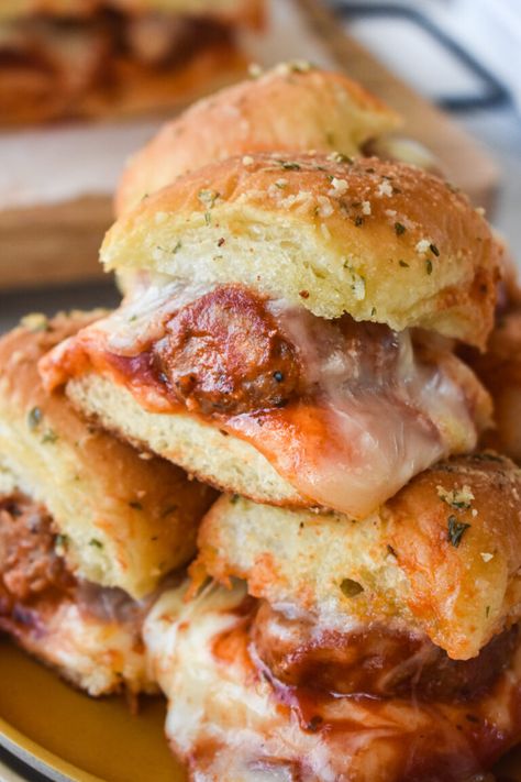 Meatball Sliders • Dance Around the Kitchen Cheap Party Food Ideas, Meatballs And Marinara Sauce, Meatballs And Marinara, Meatball Sliders Recipes, Cheap Party Food, Dance Around The Kitchen, Hawaiian Roll Sliders, Meatball Sliders, Raw Pork