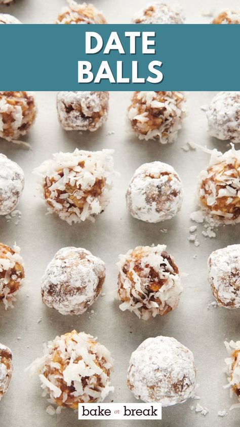 Date balls with Rice Krispies are a simple no-bake holiday treat filled with flavor and crunch. Rolled in coconut for some festive flair! Recipes Dates, Date Balls Recipe, Rum Desserts, Coconut Date Balls, Date Balls, Healthier Treats, Rice Krispie, Balls Recipe, Christmas Snacks