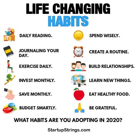 What habits are you adopting in 2020? 12 life-changing habits make your new life.  (1) Daily Reading.  (2) Journaling Your Day.  (3) Exercise Daily.  (4) Invest Monthly.  (5) Save Monthly.  (6) Budget Smartly.  (7) Spend Wisely.  (8) Create a Routine.  (9) Build Relationships.  (10) Learn New Thinks.  (11) Eat Healthy Food.  (12) Be Grateful.  follow these steps to make a healthy and wealthy life.  #habits #2020habits #lifechanginghabits #healthylife #wealthylife Habits To Change Your Life, Healthy And Wealthy, Habits To Change, Change Day, Life Changing Habits, Changing Habits, Daily Reading, New Thought, Skills To Learn