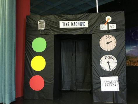 Time Machine Door Decoration, Time Machine Party Decorations, Time Machine Classroom Door, Time Travel Party Decorations, Time Machine Craft, Time Travel Decorations Vbs, Time Travel Crafts, Time Travel Decorations, Time Machine Party