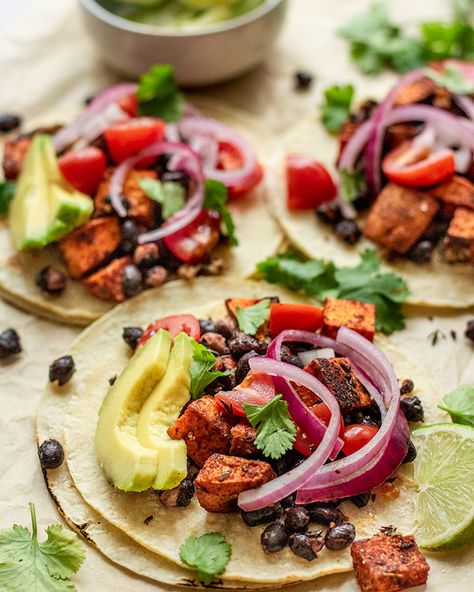 Vegan Black Bean Tacos with Roasted Sweet Potato – Plant Based RD Black Bean And Sweet Potato, Bean And Sweet Potato, Vegetarian Recepies, Sweet Potato Plant, Black Bean Tacos, Vegan Dinner Recipes Easy, Potato Tacos, Bean Tacos, Roasted Sweet Potato