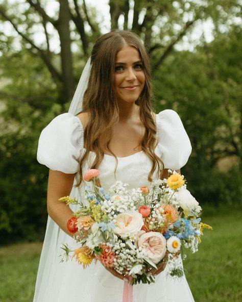 We love the flowers but THAT DRESS, AM I RIGHT | Instagram Wedding With A Lot Of Flowers, Engagement Pictures With Flower Bouquet, Flowers September Wedding, Champagne And Wildflower Wedding, Timeless Summer Wedding, Summer Florals Wedding, Fun Wedding Colors, About Time Wedding, Wild Flower Bouquet Wedding