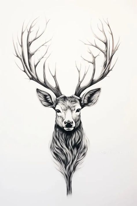 Mountain Deer Tattoo, Elk Tattoos For Men, Stag Head Tattoo, Deer Art Painting, Skull Art Animal, Deer Head Outline, Tris Tattoo, Drawing Of A Deer, Stag Tattoo Design