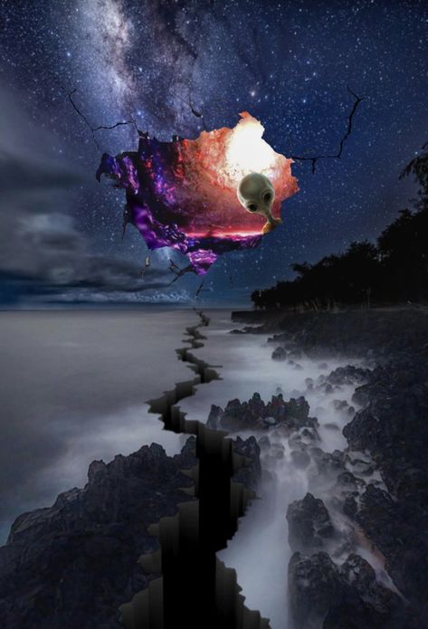 #nature #starsoverlay #starrysky #sky #nightsky #nighttime #galaxy #galactic #starsbackground #surrealism #beautifulscenery #portal #cracked_sky #aliens #alienface #alieninvasion  #fantasyworld #photo_manipulation Alien Portal, Hole In The Sky, Marvel Oc, Project Photography, My Reflection, Marshall Mcluhan, Alien Face, Space Painting, Final Exam