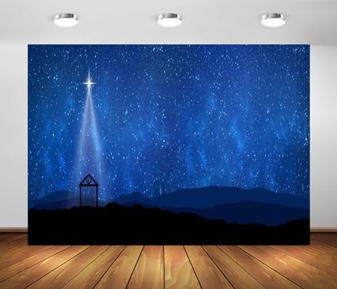 Nativity Backdrop Stage Design, Nativity Scene Bulletin Board Ideas, Advent Church Decorations, Biblical Christmas, Sanctuary Decor, Blue Starry Sky, Nativity Manger, Advent Decorations, Church Christmas Decorations