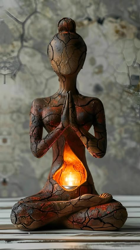 Save & follow for more stunning art! This serene sculpture captures a meditative figure in a yoga pose, hands in prayer. The earthy, cracked texture elicits a rustic charm, perfect for elevating your space. Own this unique piece and bring tranquility to your home decor. #art #sculpture #interiors #zen #meditation #homedecor #rustic #yogapose #artisan #earthyvibes #imageprompt #Aiimage Cool Sculptures, Yoga Sculpture, Cracked Texture, Condo Interior Design, Meditation Room Decor, Mexican Culture Art, Home Decor Sculptures, Sculpture Art Clay, Clay Crafts Air Dry