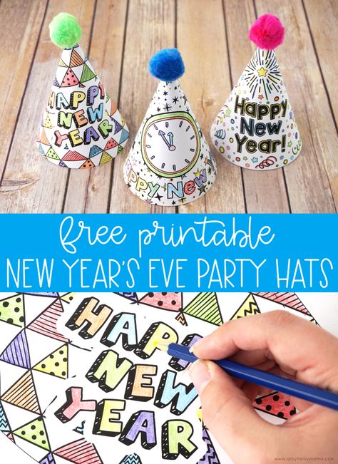 Free Printable New Year's Eve Party Hats | artsy-fartsy mama New Years Eve Party Hat, New Year’s Eve Printable Hat, New Year’s Eve Hats Diy, New Years Party Hat Craft For Kids, New Years Childrens Crafts, New Year Party Hats For Kids, New Years Eve Celebration For Kids, Diy Nye Hats For Kids, New Years Day Crafts For Kids Free Printable