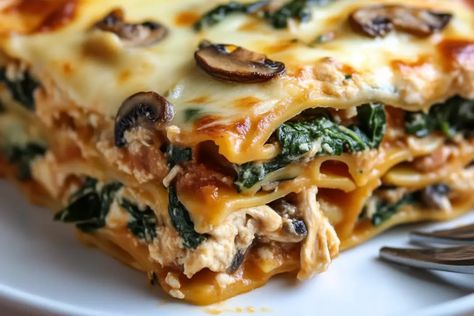 Chicken Marsala Lasagna, Chicken Spinach Mushroom Lasagna, Spinach And Mushroom White Lasagna, Chicken And Mushroom Lasagne, Lasagna Healthy Recipe, Chicken Mushroom Spinach Lasagna Recipe, Mediterranean Diet Lasagna, Chicken Mushroom And Spinach Lasagna, Chicken And Asparagus Stuffed Shells