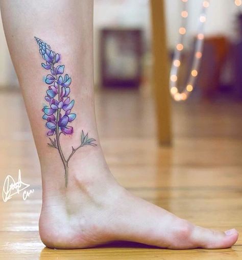 Iceland Flower Tattoo, Watercolor Bluebonnet Tattoo, Bluebonnet Watercolor Tattoo, Lupin Tattoo Flowers, Lupine Flowers Tattoo, Lupine Tattoo, Wildflower Sleeve, Columbine Tattoo, Bluebonnet Tattoo