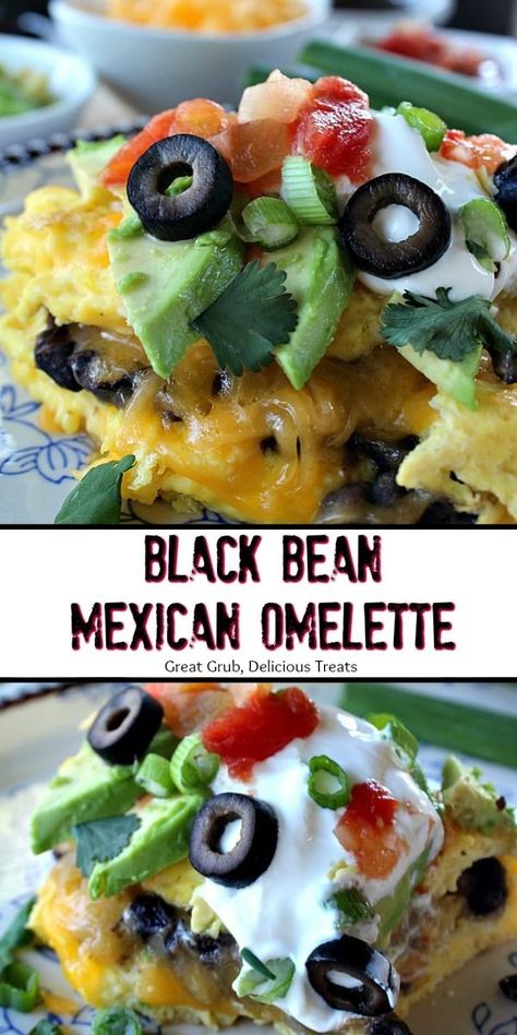 Black Bean Mexican Omelette is a delicious omelette loaded with black beans, cheese, avocados, onions, sour cream, salsa and more. #breakfast #omelette #blackbeans #brunch #greatgrubdelicioustreats Omlet Toppings, Black Bean Omelet, Black Bean Breakfast Recipes, Dinner Omlet Recipes, Mexican Omelette Recipe Breakfast, Omelette Toppings, Bean Breakfast Recipes, Mexican Omelette Recipe, Omelete Recipes