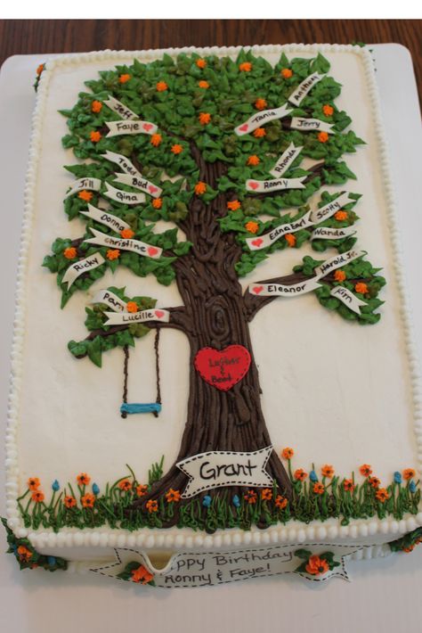 Family Tree Birthday Cake (Inspired by "angllfish" on Cake Central) Tree Cake Ideas, Tree Birthday Cake, Family Reunion Cakes, Family Tree Cakes, Dad Birthday Cakes, Grandpa Birthday, Adult Birthday Cakes, Cake Central, Tree Cake