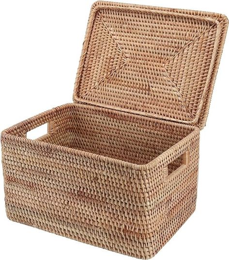 Amazon.com: FIYAMMY Rattan Basket With Lid, Large Lidded Basket For Storage Square Rattan Box(15.75" L×14.17" W×11.81" H) : Home & Kitchen Baskets With Lids, Ocd Organization, Lidded Basket, Storage Baskets With Lids, Lidded Baskets, Basket With Lid, Basket Shelves, Rattan Basket, Storage Baskets