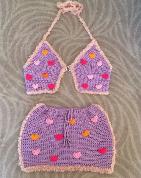 Fluffy Festival Crochet Set - Etsy Crochet Dress Outfits, Festival Crochet, Crochet Festival, Crochet Idea, Crochet Heart Pattern, Womens Skirts, Bra Cup Sizes, Crochet Set, Crochet Skirt