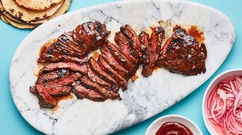 Gochujang-Marinated Skirt Steak Recipe | Bon Appetit Summer Steak, Skirt Steak Tacos, Gochujang Recipe, Marinated Skirt Steak, Skirt Steak Recipes, Steak Tacos, Sweet Heat, Skirt Steak, Flank Steak