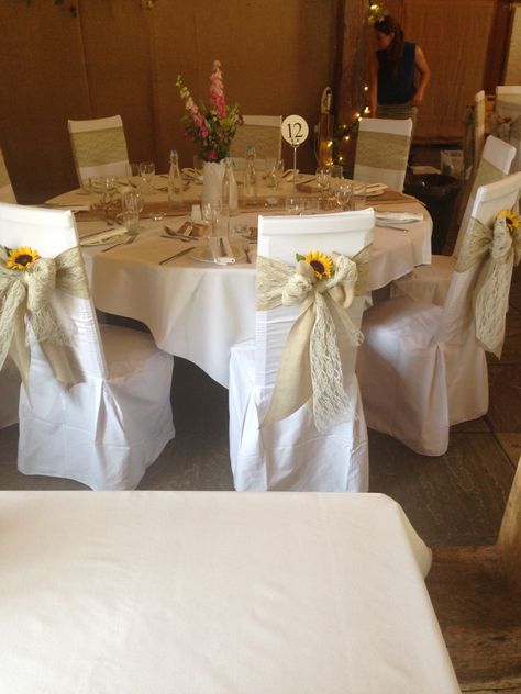 lace & hessian sashes on white cotton chair covers plus a sunflower from simply bows and chair covers Fall Wedding Tables, Chair Bows, White Cover, Wedding Tables, Chair Covers, Wedding Bells, Happily Ever After, Wedding Table, Fall Wedding