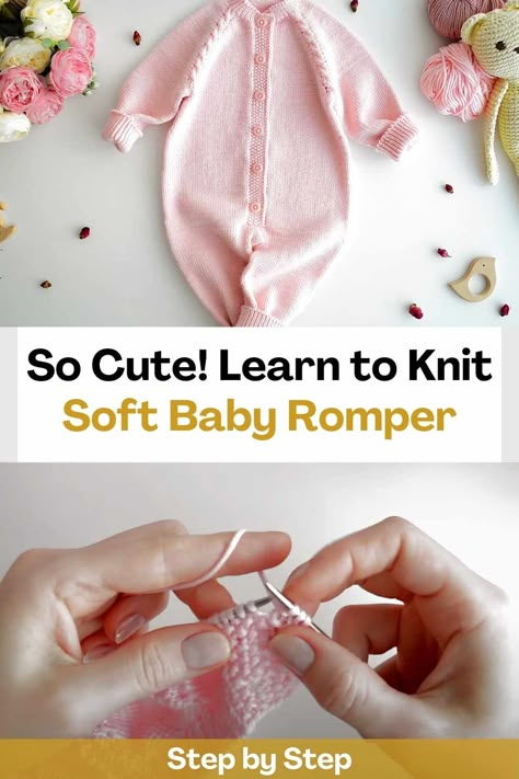 If you like to knit baby clothes you are in the right place! Learn how to make this cute and soft baby romper with this video tutorial. The size of this romper is for babies of 3-6 months. This quick and easy knitting project is perfect for you.rnrnThis romper would make the most adorable and perfect gift for a new baby, baby shower or expecting parents and it really wouldn't take much time to prepare. Knitting is an incredible way to pass the time, start knitting this baby romper and... Baby Romper Diy, Free Newborn Knitting Patterns, Baby Romper Pattern Free, Knit Baby Clothes, Baby Knitting Patterns Free Newborn, Baby Knitting Free, Onesie Pattern, Easy Baby Knitting Patterns, Crochet Baby Projects