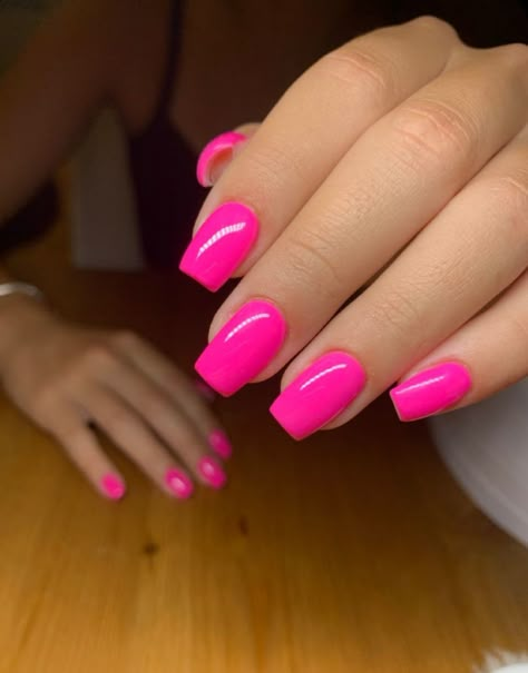 Pink Almost Nails, Very Short Acrylic Nails Square Simple, Bright Neon Pink Nails, Short Square Hot Pink Acrylic Nails, Basic Color Nails Simple, Simple Hot Pink Nails Short, Hot Pink Fake Nails, Hot Pink Neon Nails, Short Coffin Hot Pink Nails