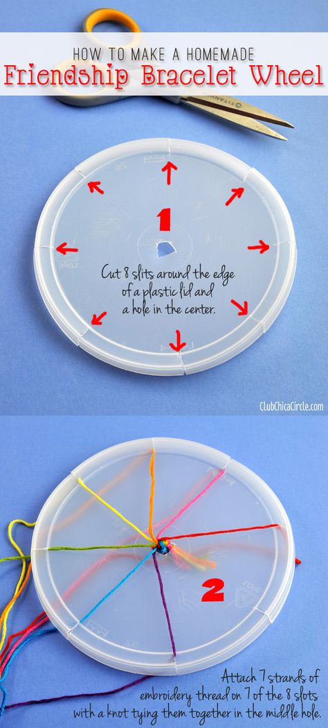 How to make a homemade Friendship Bracelet with a plastic lid.  A perfect craft for kids, tweens, and tweens!  www.clubchicacircle.com Make A Friendship Bracelet, Bracelets Easy, Lucet, Trendy Diy, Girl Scout Ideas, Camping Crafts, Fun Diy Crafts, Easy Diy Crafts, Friendship Bracelet Patterns