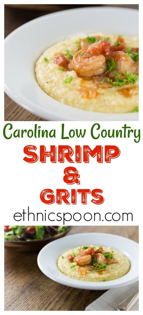 Some of the best comfort food comes from the American South! Shrimp and grits is true Low Country cuisine from coastal Carolina and Georgia. Imagine a spicy saucy shrimp with some creamy corn grits with cheese for a nice balance of flavor. This is a must try recipe and feel free to get creative. The grits are a blank canvas to add something spicy to. Like cajun flavors? Add some spicy cajun style shrimp. | ethnicspoon.com #shrimpandgrits #lowcountryfood #carolinagrits Southern Shrimp And Grits, Shrimp N Grits Recipe, Corn Grits, Grits Recipe, Shrimp Grits, Country Recipes, Shrimp And Grits, Creamy Corn, Shrimp N Grits