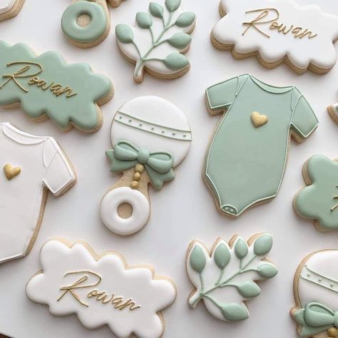 Boho Baby Shower Cookies Boy, Sage Baby Shower Cookies, Sage Green Cookies, Sage Green Baby Shower Cookies, Galletas Baby Shower Boy, Baby Shower Sugar Cookies Boy, Sage Baby Shower Cake, Green Baby Shower Ideas For Boys, Green Baby Shower Cookies