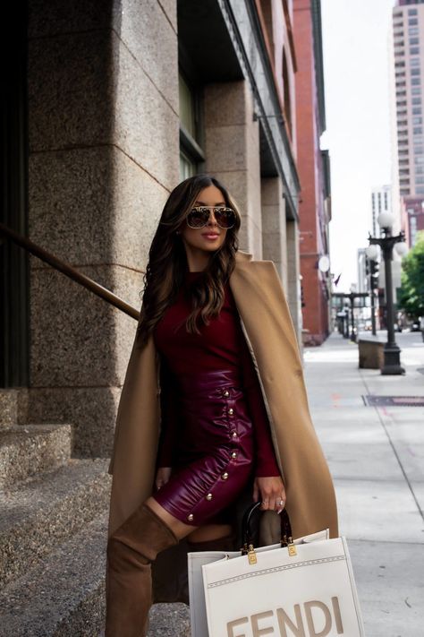 The Best Fall Fashion Colors To Wear This Year - Mia Mia Mine Burgundy Fall Outfits, Fall Outfits Green, Oxblood Dress, Faux Leather Outfits, Fall Fashion Colors, Mia Mia Mine, Fendi Dress, Green Turtleneck Sweater, Mia Mia