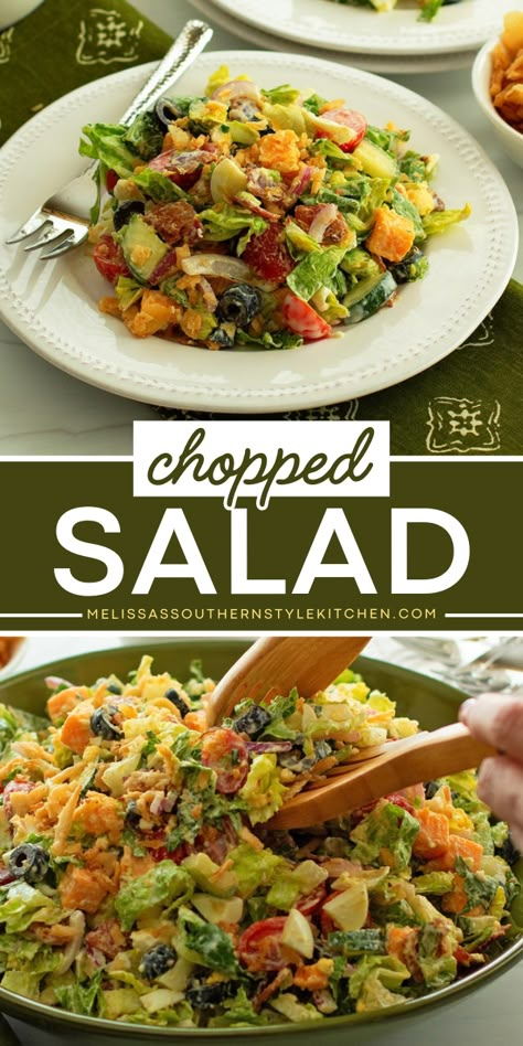 This Chopped Salad Recipe features vibrant colors with a spectacular blend of flavors and textures. The base consists of crisp romaine lettuce combined with cherry tomatoes, cucumbers, tangy red onion, olives, chopped egg, crumbled bacon and two types of cheese. It’s tossed with a homemade dressing for creaminess and topped with french fried onions for crunch. Chicken Romaine Salad, Romain Salad Ideas, Ruth Chris Chopped Salad Recipe, Mardi Gras Salad, Romaine Salad Recipes, Tossed Salad Recipes, Romaine Lettuce Salad Recipes, House Salad Recipe, Steakhouse Salad