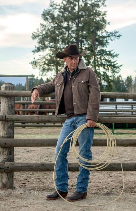 John Dutton Yellowstone Tv Series, Cowboy Outfit For Men, Yellowstone Outfits, John Dutton, Yellowstone Series, Action Hero, Mens Bootcut Jeans, Rugged Men, Cowboy Up