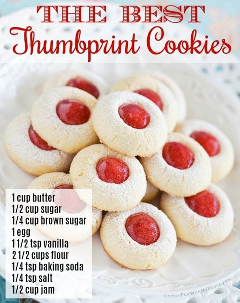 Best Thumbprint Cookies, Cookie Dough Filling, Christmas Cookie Recipes Holiday, Jam Thumbprint Cookies, Thumbprint Cookies Recipe, Yummy Sugar Cookies, Christmas Baking Recipes, Thumb Print, Jam Cookies