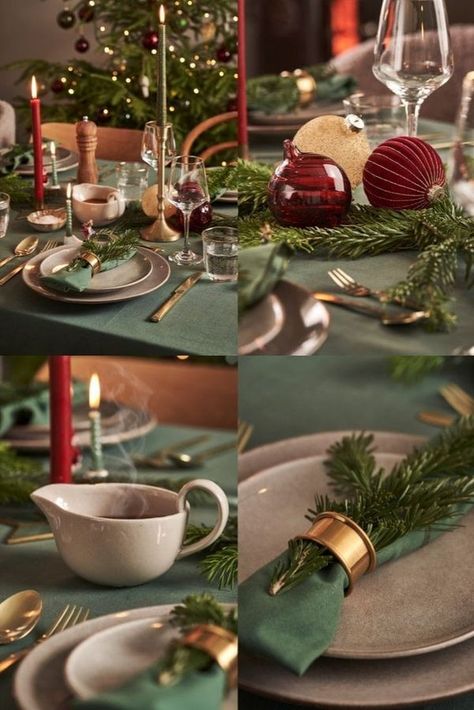 Opulent Christmas Table, Christmas Table Round Decorations, Christmas Table Photography, Dinner Christmas Table, Christmas Table For Two, Sage Green Christmas Table, Green Table Cloth Christmas, Christmas Dinner Set Up, Christmas Decoration Table Ideas