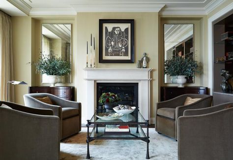 Streeterville Residence by Jessica Lagrange Interiors | InCollect Fireplace In The Middle, Side Of Fireplace, Stove Decor, Living Room With A Fireplace, Fireplace Seating, Wants And Needs, Chimney Breast, Fireplace Mirror, Transitional Living