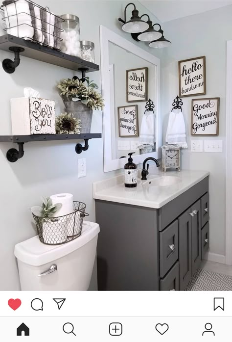 Small Bathroom Decor Grey Walls, Black Grey And Silver Bathroom Decor, Grey And Dark Wood Bathroom, Bathroom Themes Farmhouse, Gray Bathroom Makeover, Grey Bathroom Accessories Ideas, Gray And White Shower Curtain, Grey Wall Bathroom Ideas, White Grey And Black Bathroom