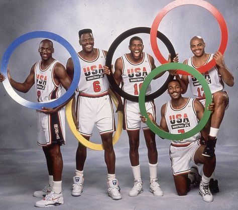 1992 Olympics  USA Dream Team Dream Team 1992, Usa Dream Team, Team Usa Basketball, Michael Jordan Photos, Olympic Basketball, Karl Malone, Patrick Ewing, Olympic Rings, Charles Barkley