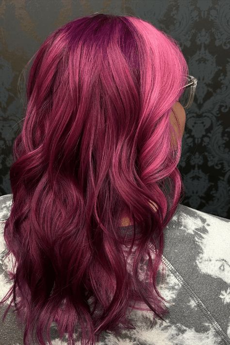 twotone pink hair, hair inspiration, hair color trends Bubblegum Pink Highlights, Brown And Hot Pink Hair, Dark Pink Brown Hair, Burgundy Pink Hair, Pink Hair Magenta, Hot Pink Highlights In Brown Hair, Maroon And Pink Hair, Reddish Pink Hair, Two Tone Pink Hair