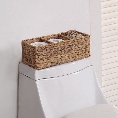 This woven tank basket is perfect for storing extra rolls of TP in the bathroom Small Half Bath, Seagrass Storage Baskets, Driven By Decor, Childrens Bathroom, Bathroom Baskets, Shelves Diy, Small Vanity, Water Closet, Bus Camper