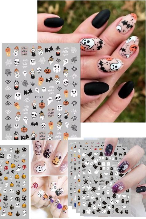 A collection of Halloween-themed nail art designs featuring ghosts, spiders, and pumpkins, perfect for creating a spooky and stylish manicure for the Halloween season. Halloween Nail Art Ideas, Horror Scream, Festive Manicure, Witch Nails, Halloween Beauty, Ghost Witch, Nail Art Stickers Decals, Best Nail Art Designs, Nail Supplies