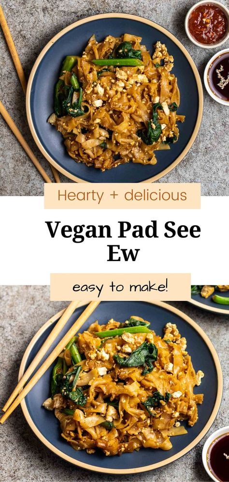 This Thai-inspired vegan pad see ew is rich, flavorful, and delicious. A quick and easy recipe that is ready in 30 minutes. Even non-vegans will be impressed by this dish! Pad See Ew Recipe Vegan, Vegan Pad See Ew, Pad See Ew Recipe, Fry Noodles, Pad See Ew, Vegan Egg Substitute, Vegetarian Oyster Sauce, Vegan Asian Recipes, Plant Based Soups