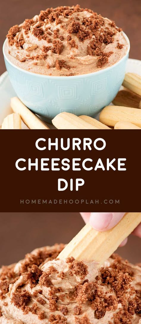 Churro Cheesecake Dip! The best way to enjoy a sugary cinnamon churro! Creamy cheesecake laced with cinnamon cream that's topped with a cinnamon crumble and served with cookies. | HomemadeHooplah.com Mexican Dessert Dip, Churro Cheesecake Dip, Pita Dips, Churro Cheesecake Ideas, Dip For Churros, Cinnamon Cheesecake Dip, Creamy Churro Cheesecake, Churro Dip, Fiesta Desserts