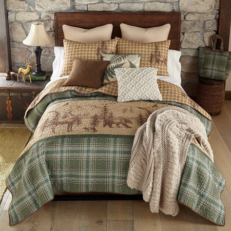 Introducing the Spruce Trail Quilted Lodge Bedding Set from Your Lifestyle by Donna Sharp. Transform your bedroom into a serene wilderness retreat with our Spruce Trail lightweight Lodge Bedding Set. Moose Quilt, Woodland Sage, Lodge Bedroom, Rustic Bedding Sets, Lodge Bedding, Forest Quilt, Wilderness Retreat, Black Forest Decor, Cabin Bed