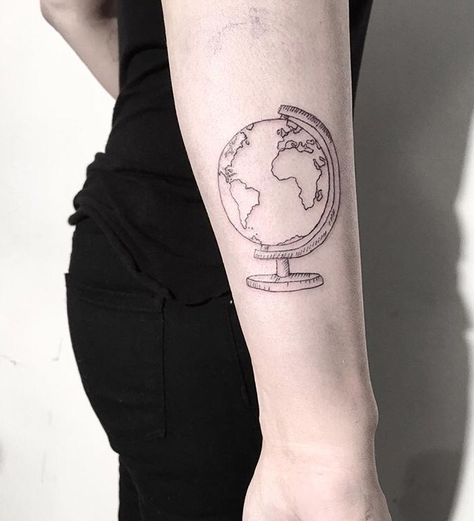 Globe travel tattoo. Travel tattoo, inked in Budapest Hungary, globe tattoo, linework tattoo, fine line tattoo, simple tattoo, delicate tattoo Simple Globe Tattoo, Globe Tattoo, Globe Tattoos, Tattoo Linework, Fun Tattoo, Linework Tattoo, Tattoo Travel, Globe Travel, Tattoo Simple